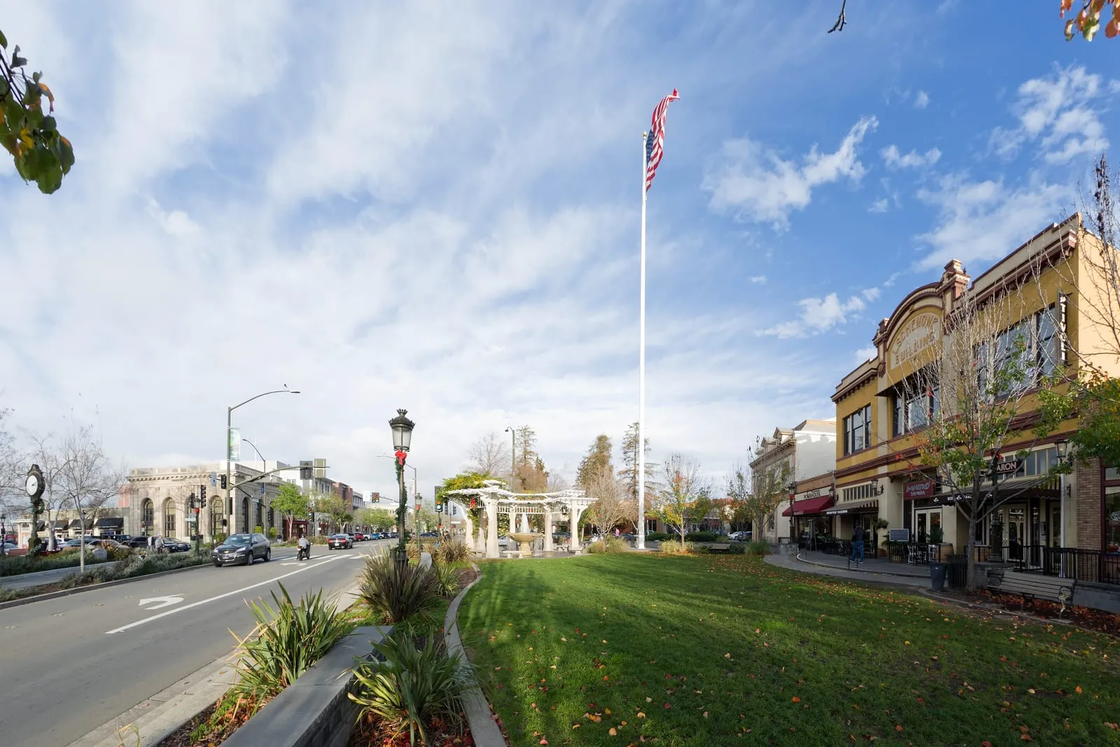 Historic flagpole and clock on First Street in downtown Livermore