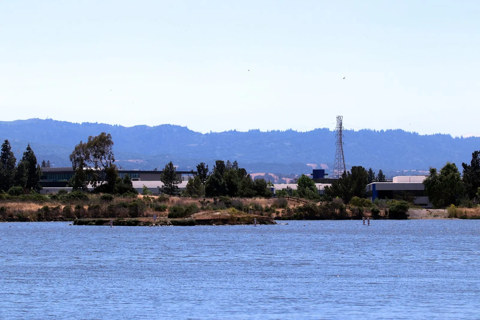 Shoreline Lake in Mountain View with the Santa Cruz Mountains beyond