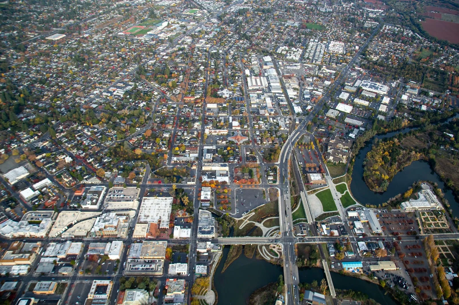 Aerial view of downtown Napa and the Napa River