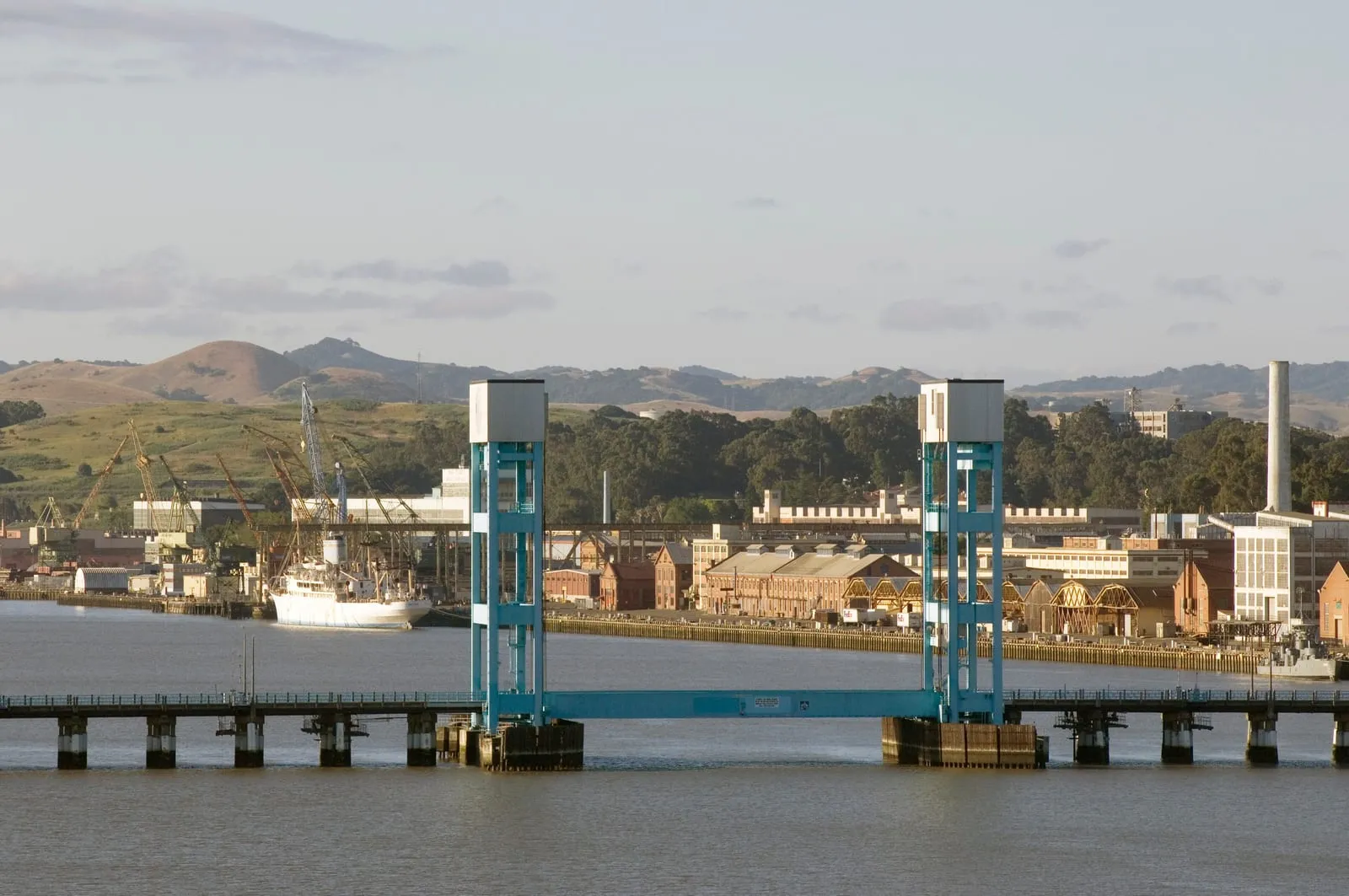 Mare Island Causeway bridge with the Vallejo waterfront and hills