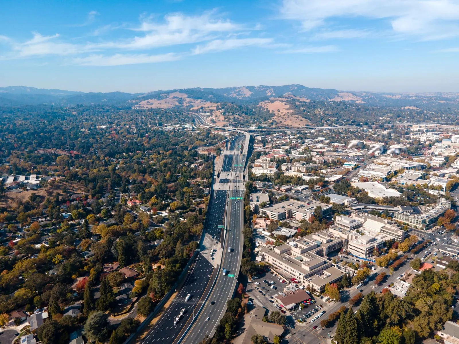 Aerial view of downtown Walnut Creek with the Mount Diablo foothills