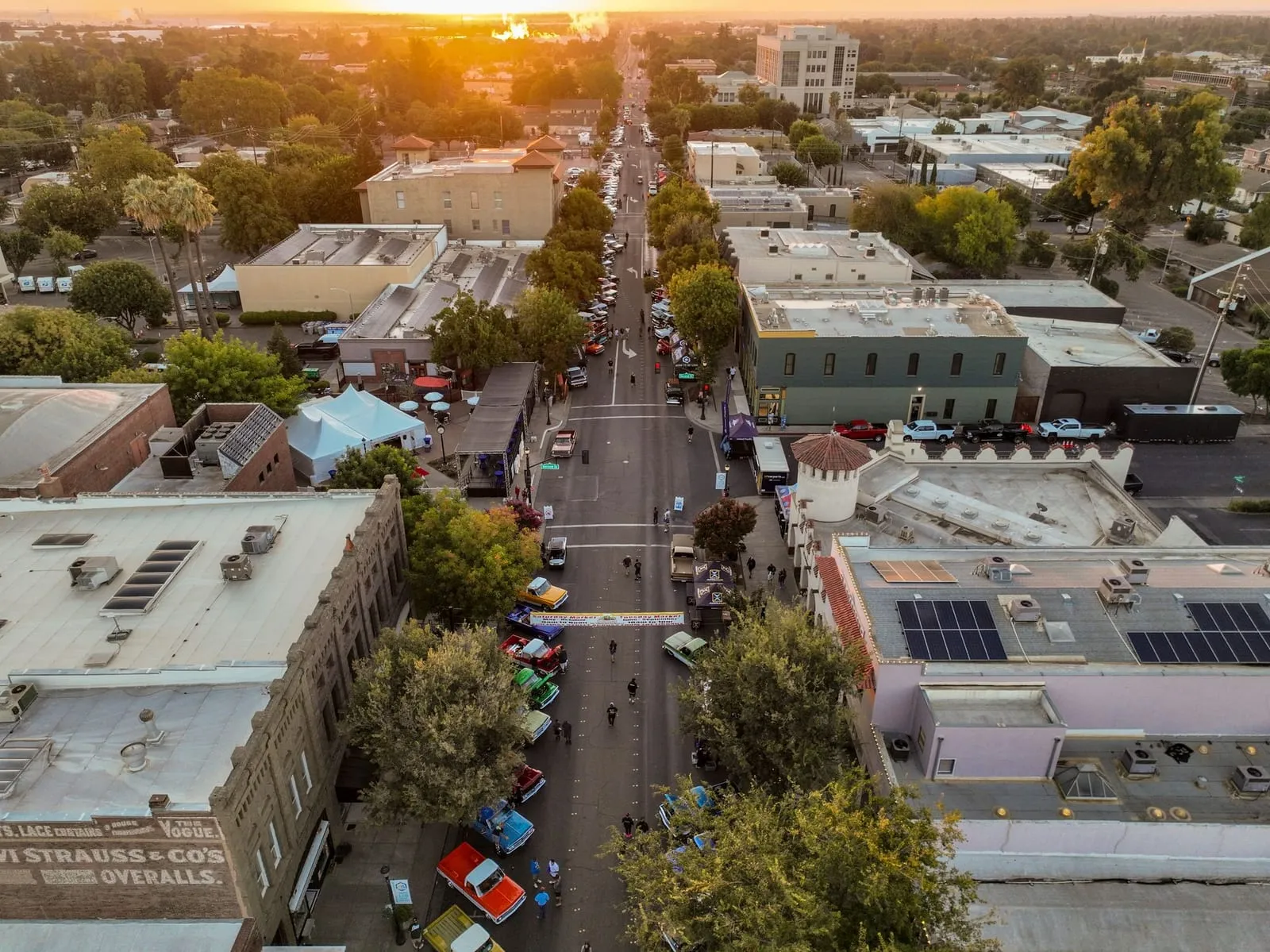 Aerial view of Main Street in downtown Woodland at sunset